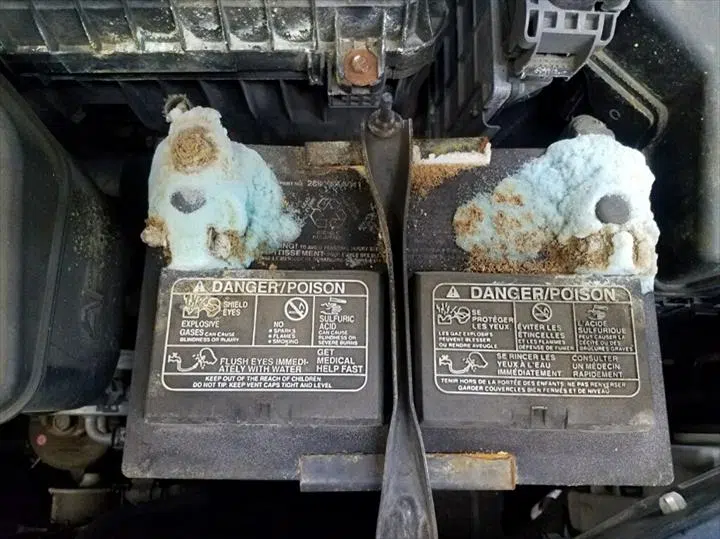 Battery terminals heavily caked with blue corrosion deposits — Sharp Image Auto Detail, L.L.C. in Brodhead